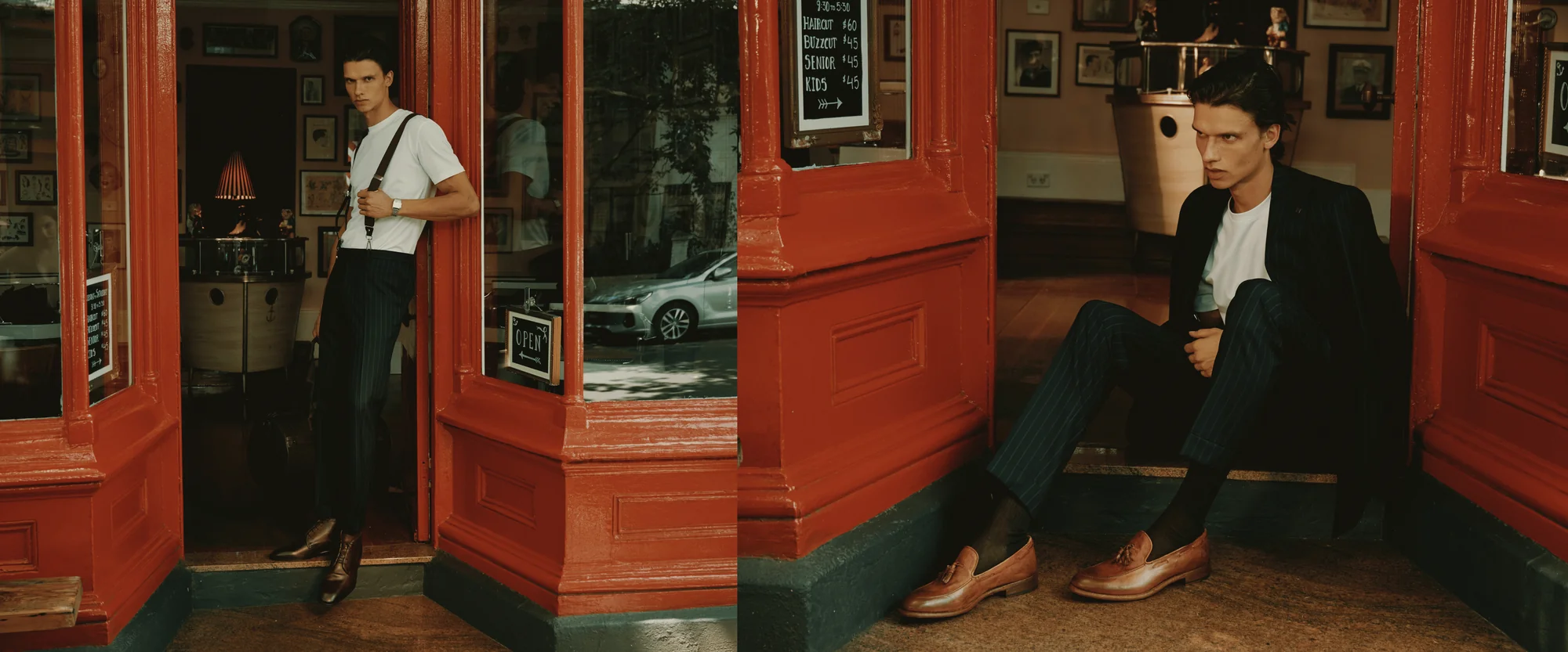Brando campaign: a model in a white T-shirt, braces and pinstripe trousers leans in the doorway of a red-painted shopfront.