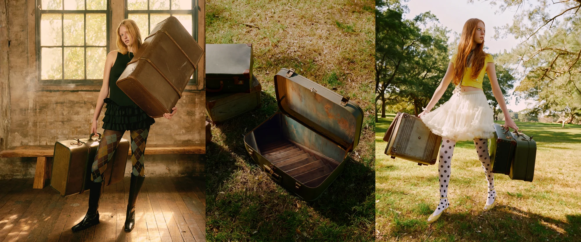 Sempre Di campaign: a triptych of vintage suitcases and travel-styled looks, including a model with a hard-shell case in a sunlit room, an open case on grass, and a model in a full skirt carrying suitcases through a park.
