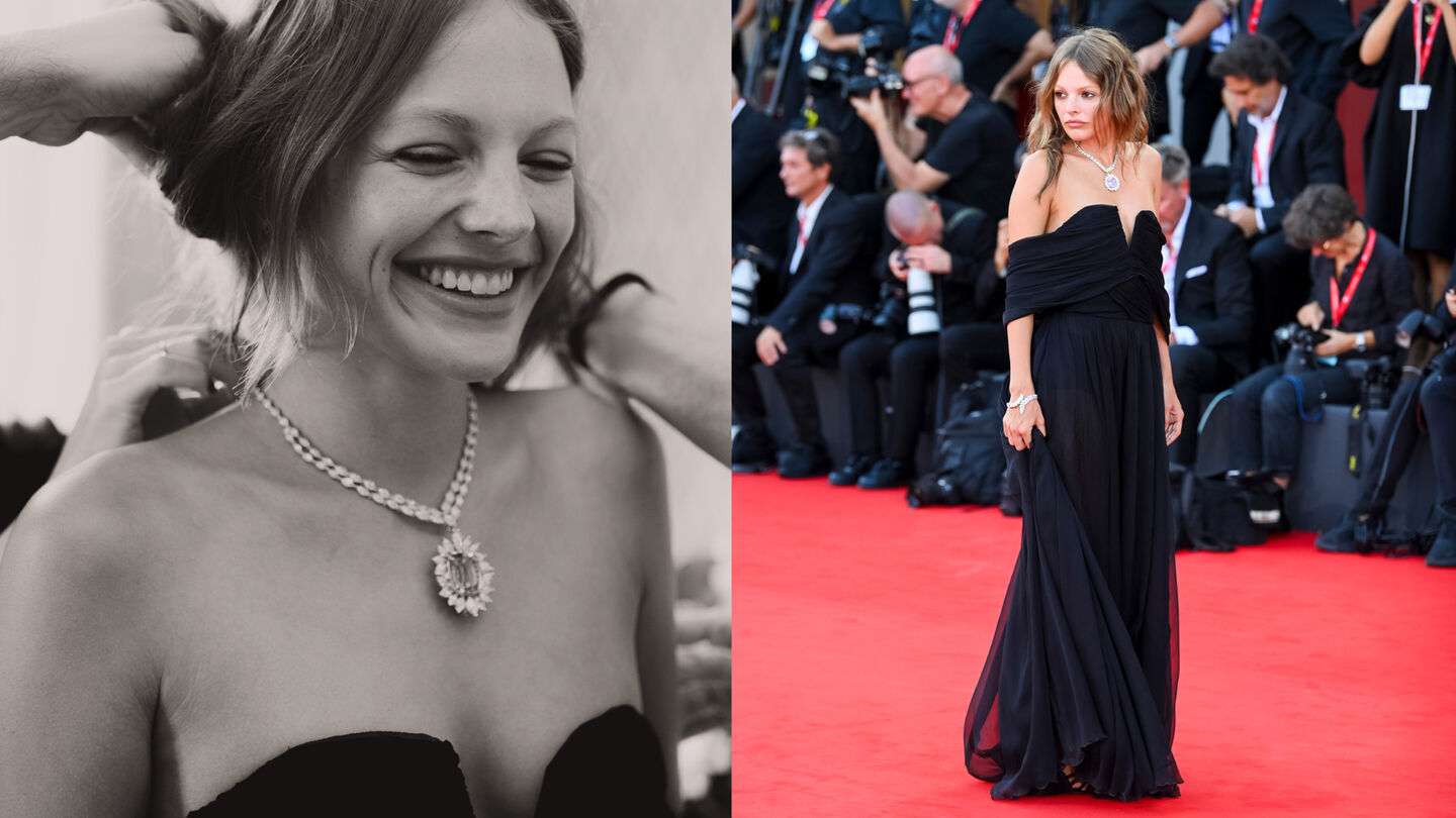 Twinset campaign: a diptych of a model backstage and on the red carpet at the Venice Film Festival in a black gown and diamond necklace.